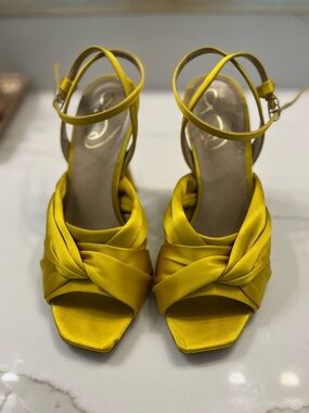 Sam Edelman Satin Knot Ankle-Strap Heels in Mustard
